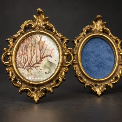 A.D. Aldrich Signed Miniature Coral Painting in Italian Brass Frame + Extra Frame