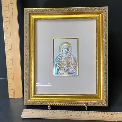 Italian .925 Sterling Silver Sacred Heart Bas-Relief Framed Plaque after Pompeo Batoni