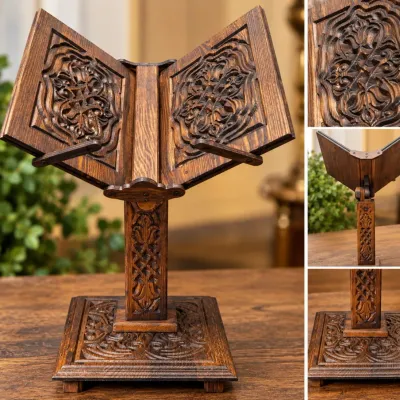 Sale Photo Thumbnail #364: Ornate Carved Wood Pedestal Book Stand / Lectern - Approx. 24 in Tall