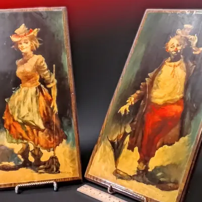 Pair Mid-Century Julian Ritter Leo & Jane Clown Prints on Wood
