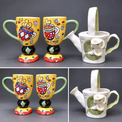 Sale Photo Thumbnail #356: 2 Whimsical Cafe Pedestal Mugs & Floral Ceramic Watering Can Lot