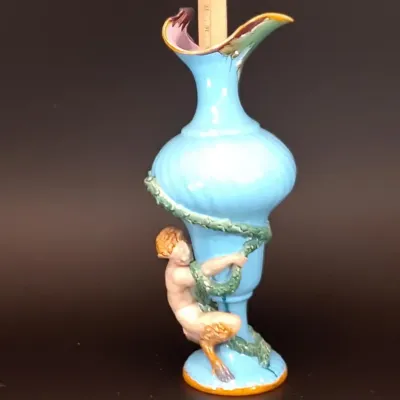 1883 Mintons Celeste Blue Majolica Bacchic Putto Ewer – Rare Victorian