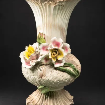 Large Italian Capodimonte Vase with Porcelain Flowers