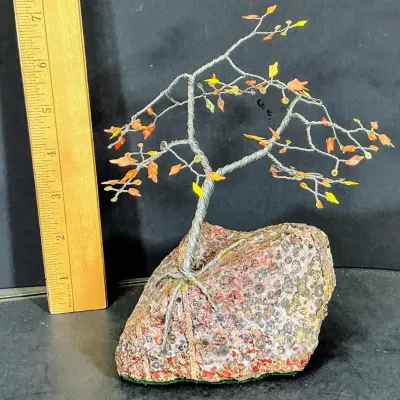 1970s Wire Bonsai Tree Sculpture on Leopard Skin Jasper