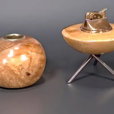 Atomic Age Graymor Flying Saucer Lighter & Myrtlewood Candle Holder