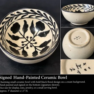 Signed Hand-Painted Black & Cream Floral Ceramic Bowl