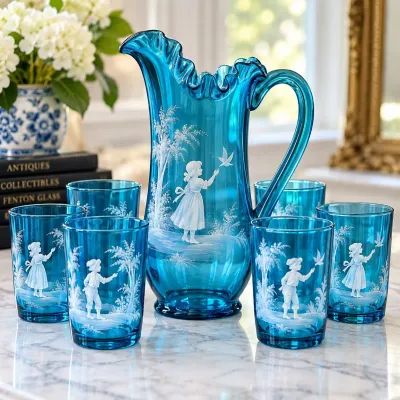 c. 1958–59 Rare Fenton Jamestown Blue Mary Gregory 7-Pc Set – Ruffled Pitcher & 6 Tumblers