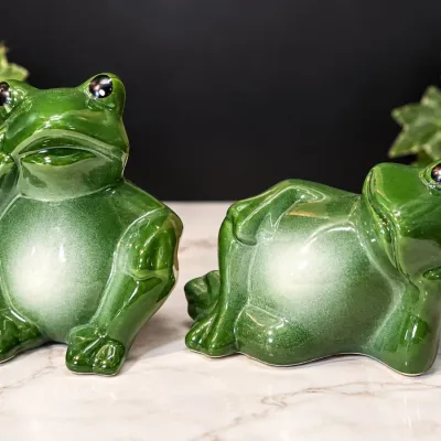 Pair Green Ceramic Frog Figurines