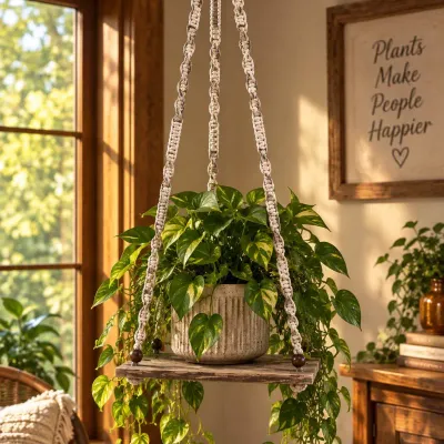 Retro Macrame Hanging Plant Stand with Wood Platforms – 60"