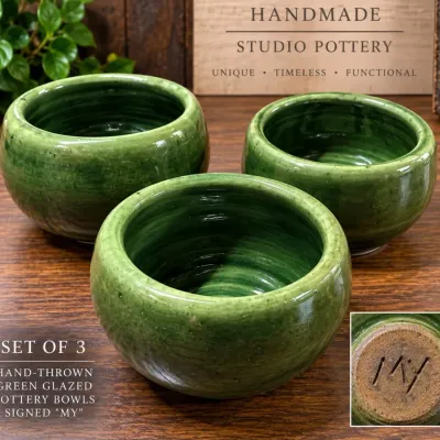 Set of 3 Handmade Green Studio Pottery Bowls – Signed