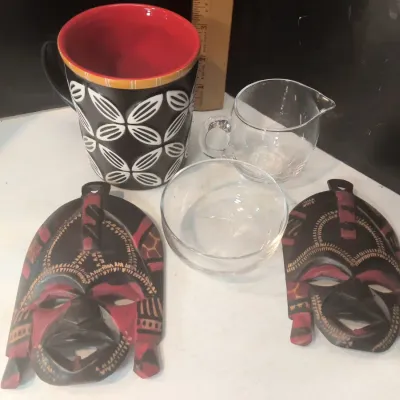 Starbucks Mug, 2 Carved Wood Masks, Glass Creamer & Bowl