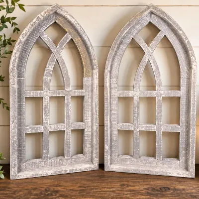 Pair Wood Cathedral Window Wall Decor – Distressed Gray
