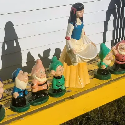 Vintage Cement Snow White & Seven Dwarfs Garden Statue Set – Vibrant Paint