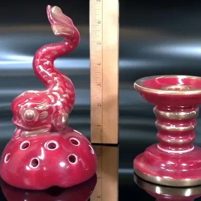 1930–40s Arthur Percy for Gefle Upsala-Ekeby Koi Flower Frog & Candlestick – Sweden