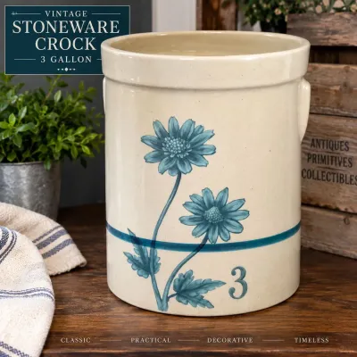 3-Gallon Stoneware Crock – Blue Daisy Decoration