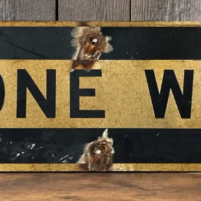 Vintage Metal ONE WAY Road Sign – Black & Gold, Approx. 36"