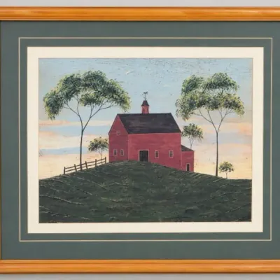 Large Framed Primitive Red Church Folk-Art Print