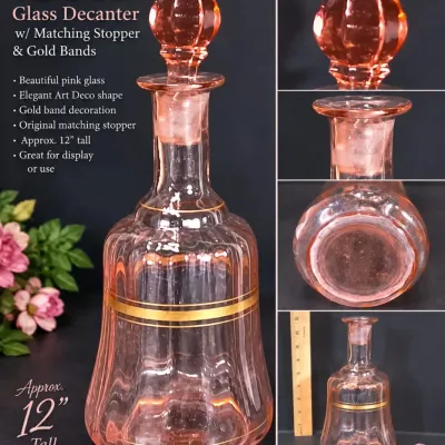 1930s–50s Pink Art Deco Glass Decanter – Gold Bands, Faceted Stopper