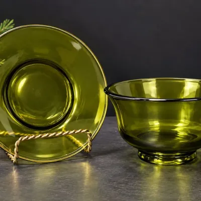 Vintage Olive Green Glass Mayonnaise Bowl & Underplate