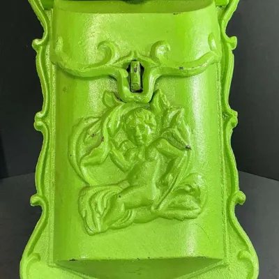 Vintage Cast Iron Cherub Scroll Mailbox – Lime Green, 12" x 6"