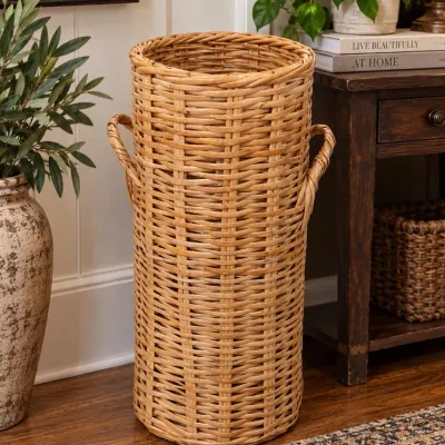 Tall Wicker Rattan Floor Basket with Handles – 26" Umbrella Stand