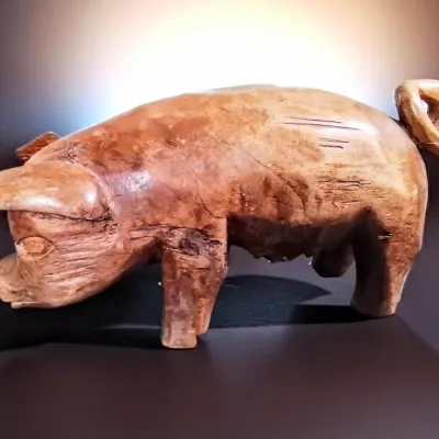 Mid-Century Hand-Carved Wood Pig Folk Art Sculpture