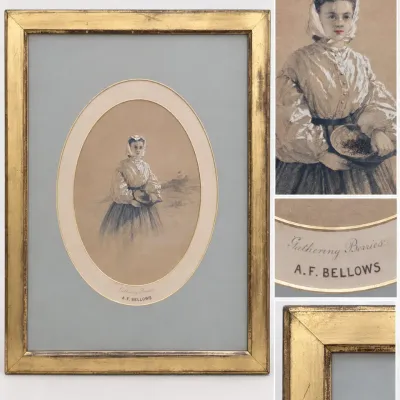 Sale Photo Thumbnail #332: Antique A.F. Bellows "Gathering Berries" Matted Print in Elegant Vintage Gilt Frame