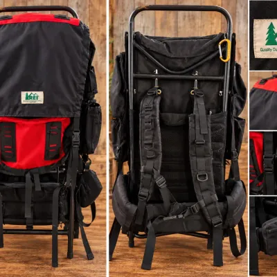 Sale Photo Thumbnail #367: REI External Frame Hiking Backpack - Black/Red with Padded Straps & Multiple Pockets