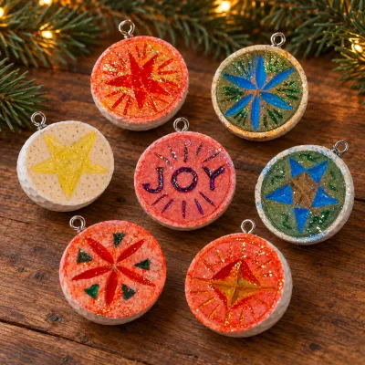 Sale Photo Thumbnail #375: 7 Handmade Golf Ball Christmas Ornaments - Painted Glitter Folk Art