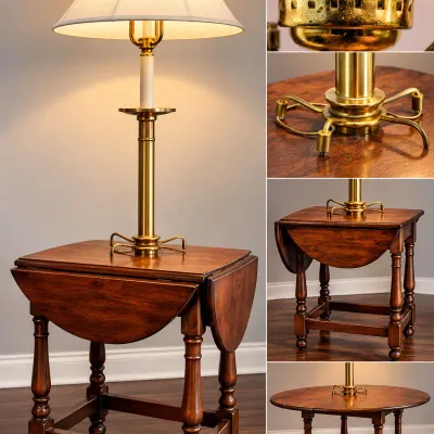 Frederick Cooper Brass Column Lamp w/ Attached Drop-Leaf Wood Side Table