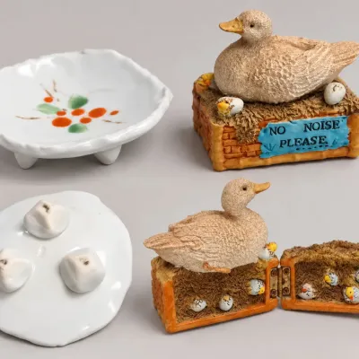 Sale Photo Thumbnail #379: Duck "No Noise Please" Hinged Trinket Box & Footed Porcelain Dish
