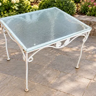 Wrought Iron Patio Table with Tempered Glass Top – White