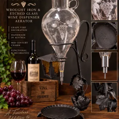 Vintage Austrian Wrought Iron & Etched Glass Wine Dispenser / Aerator – Grapevine Design