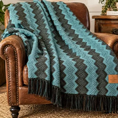 Figueroa Alpaca Throw Blanket 70" x 50" – Teal & Black, Made in Peru
