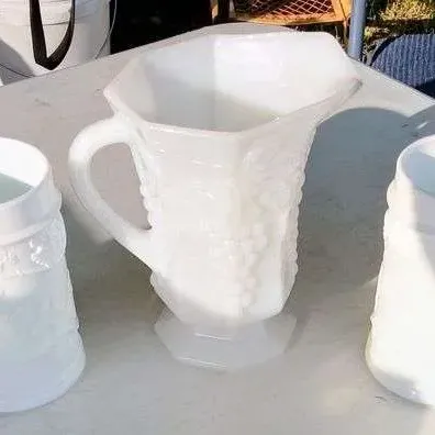 Sale Photo Thumbnail #349: Pair Heavy Indiana Glass Milk Glass Mugs & AH Milk Glass Pitcher