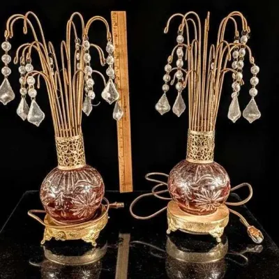 Pair Art Deco / Hollywood Regency Waterfall Lamps with Crystal Prisms