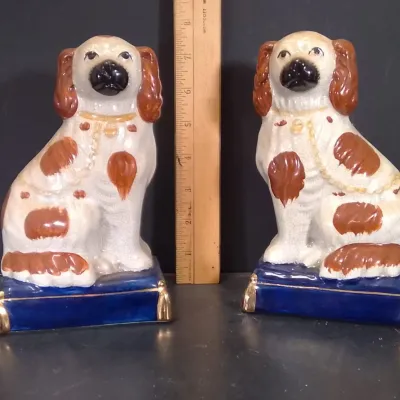 Pair Staffordshire-Style Spaniel Dogs – Cobalt Bases, 8"