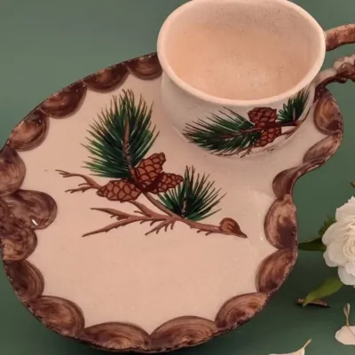 7-Pc Signed Black Hill Clay Hand-Painted Mid-Century Luncheon Set