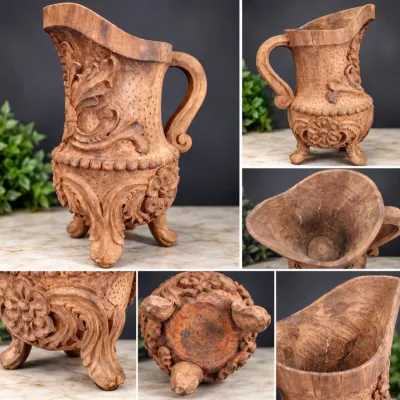 Large Hand-Carved Wood Ewer with Floral Scrollwork – 15"