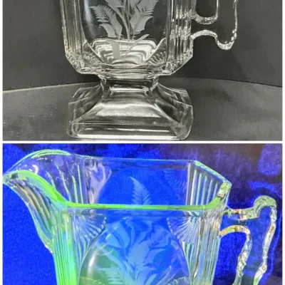 1880s EAPG Etched Fern Uranium Glass Creamer – Glows Under UV