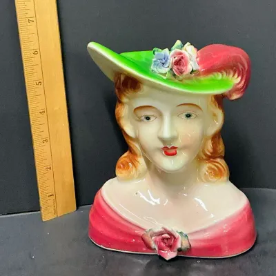 Mid-Century Japanese Lady Head Vase – Green Bonnet