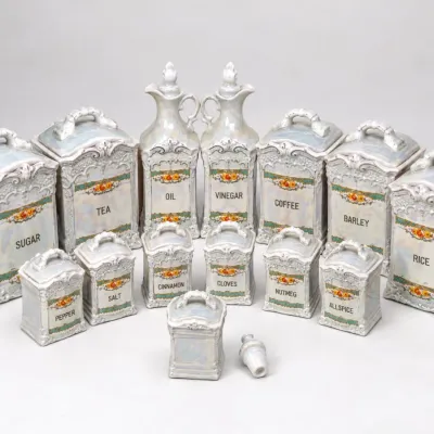 1920s German White Lusterware Canister & Spice Set