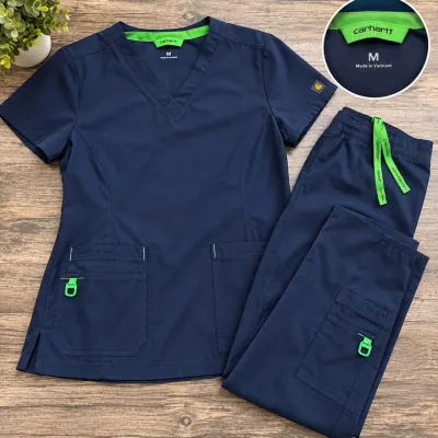 Carhartt Women's Medium Scrub Set Top & Pants Navy & Lime #2
