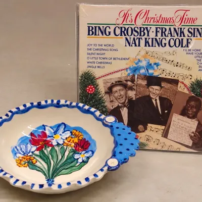 Sale Photo Thumbnail #380: Hand-Painted Floral Serving Bowl & Christmas LP - Crosby, Sinatra & Nat King Cole