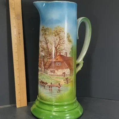 Tall Antique German Hand-Painted Scenic Porcelain Pitcher, c. 1900