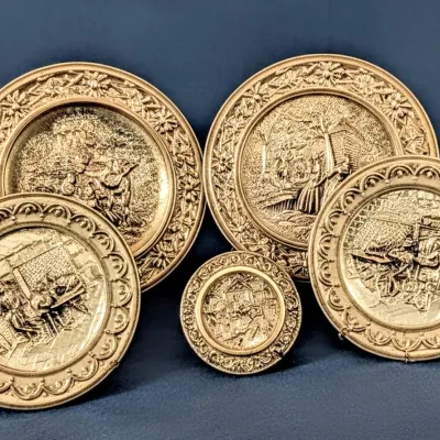 5 Vintage Brass Repousse Wall Plates
