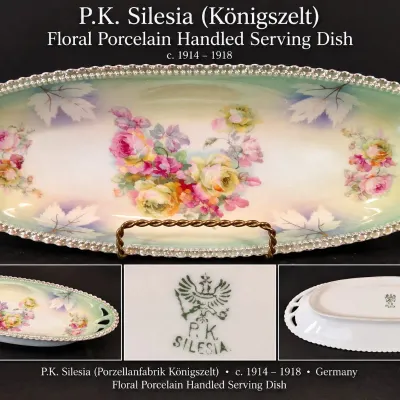 c. 1914–18 P.K. Silesia Floral Porcelain Handled Serving Dish – 12"