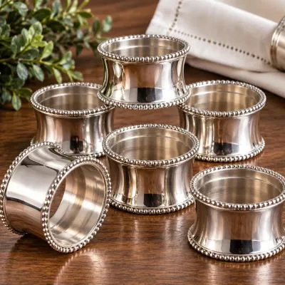 Set of 6 Heavy Silver-Tone Beaded Napkin Rings