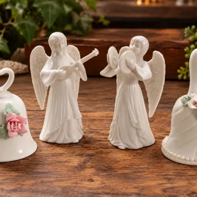 Sale Photo Thumbnail #361: 4 Pc White Porcelain Angel Musicians & Floral Bells