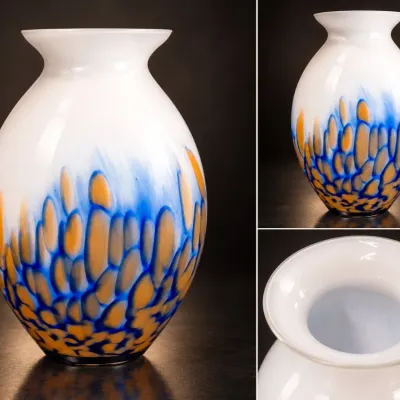 White Art Glass Vase with Blue & Amber Spatter – 9"